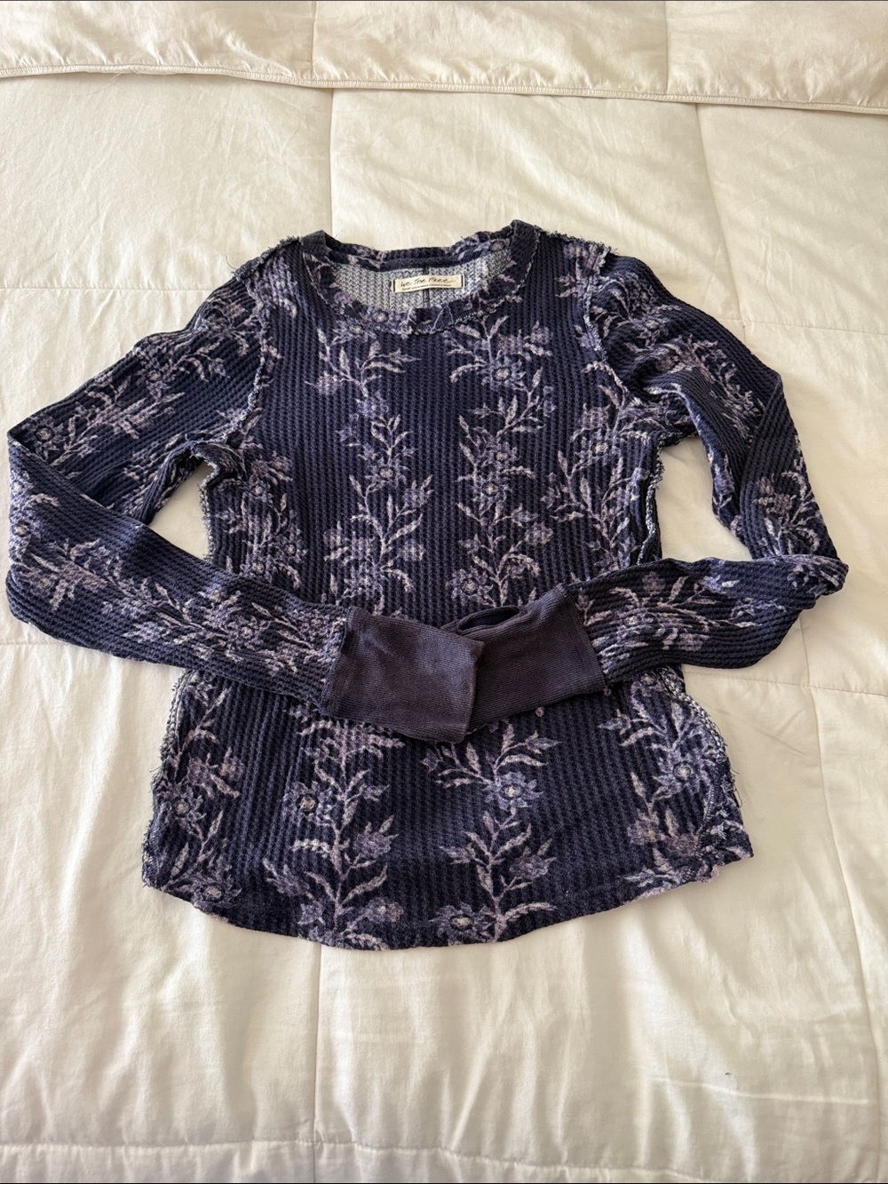 Free People Navy Floral Waffle Knit Long Sleeve Top